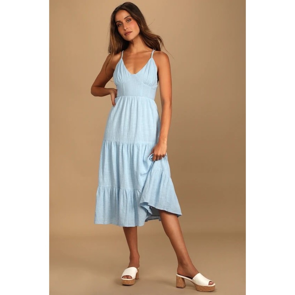 Lulus Dress Pastel Blue Sleeveless Tiered Broomstick Sundress Casual Midi Medium - Picture 13 of 13
